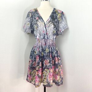 Gemini Semi-Sheer Dress Lg Gray Pink Floral Border Peasant Milkmaid Boho Fairy